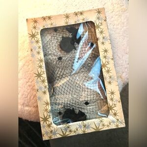 Vintage 1950s Black Glamour Veil Hat Netting Velvet Chenille Dots & Roses W/ BOX